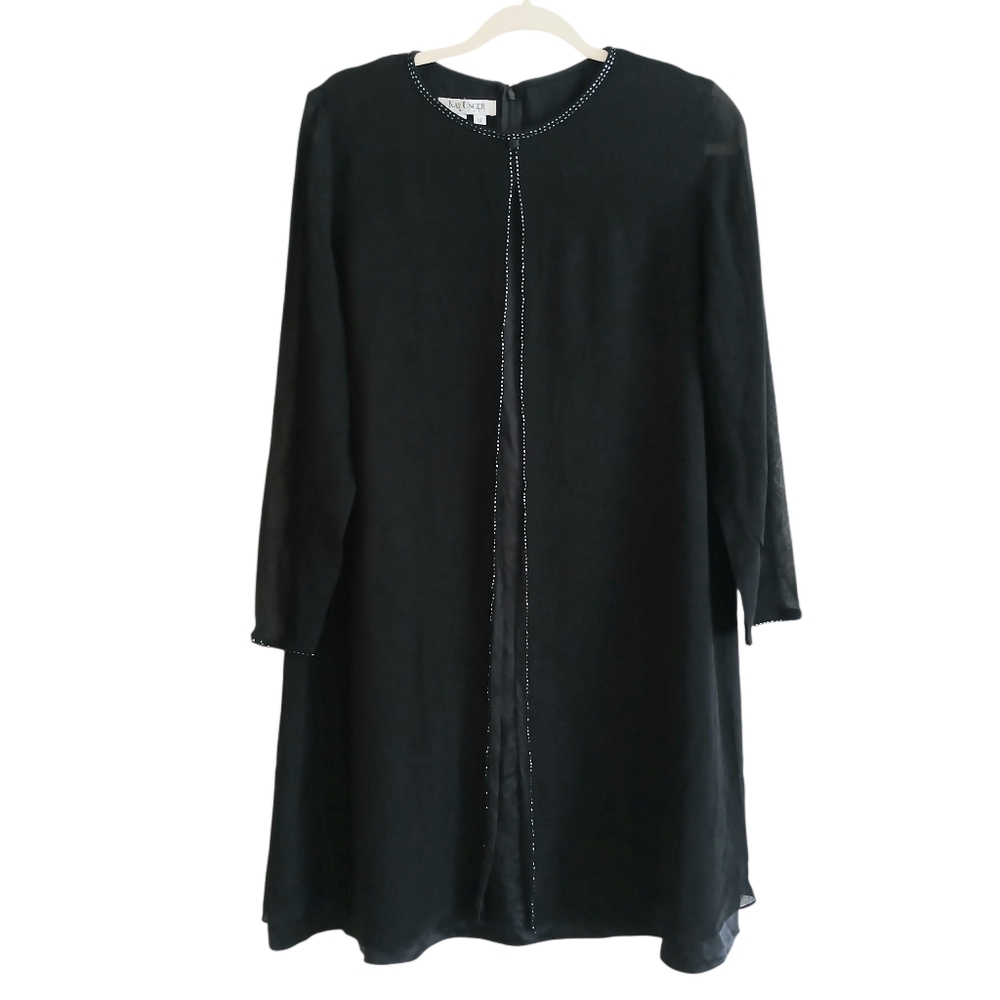 KAY UNGER 100% Silk Beaded Dress Women's 12 LBD Sheer Overlay Long Sleeve Zip
